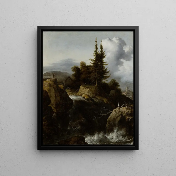 Landscape Painting with Waterfall - Allaert van Everdingen — framed artwork on a wall
