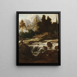 Landscape with a Waterfall - Allaert van Everdingen — framed artwork on a wall