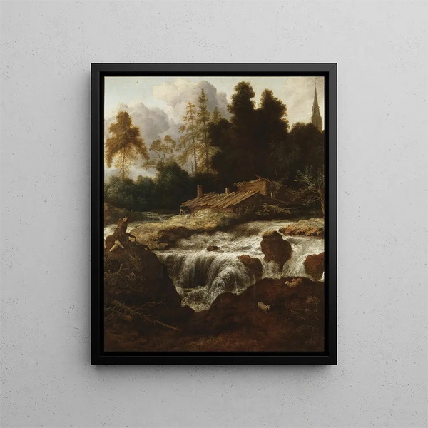 Landscape with a Waterfall - Allaert van Everdingen — framed artwork on a wall