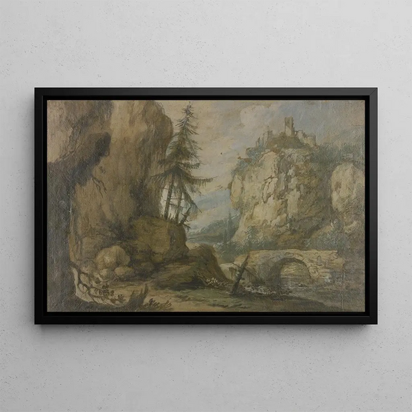 on the left, high cliffs with fir trees, on the right on high cliffs a castle above the stream a stone bridge - Allaert van Everdingen — framed artwork on a wall