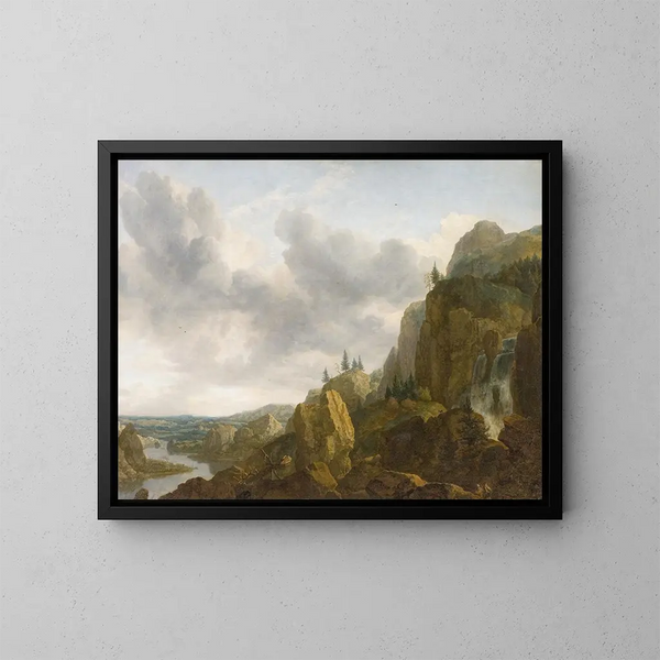 Mountain Landscape with Waterfall - Allaert van Everdingen — framed artwork on a wall