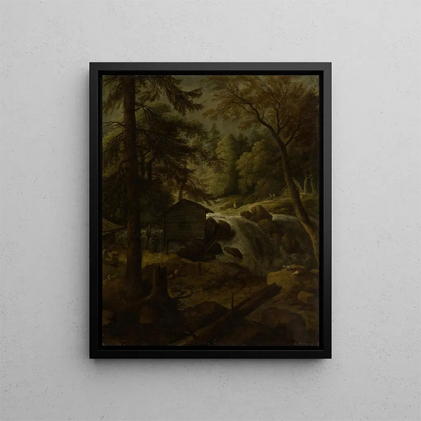 Norwegian landscape painting with watermill on a stream - Allaert van Everdingen — framed artwork on a wall