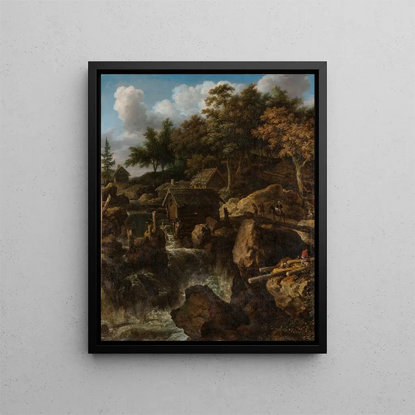 Swedish landscape painting with a waterfall - Allaert van Everdingen — framed artwork on a wall