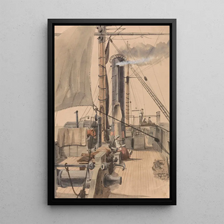 Pont d'un bateau à vapeur avec une fille lisant et un cheval voyageant dans un box - Allen Edward Everitt — framed artwork on a wall
