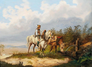 Cavaliers avec des chevaux à l'abreuvoir - Alois Bach — artwork view