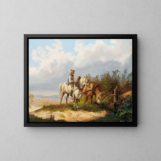 Cavaliers avec des chevaux à l'abreuvoir - Alois Bach — framed artwork on a wall