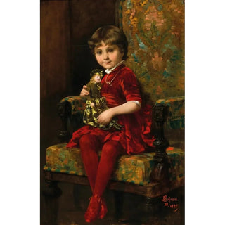 Reproduction of the painting of a girl with a doll in an armchair - Alois Hans Schram