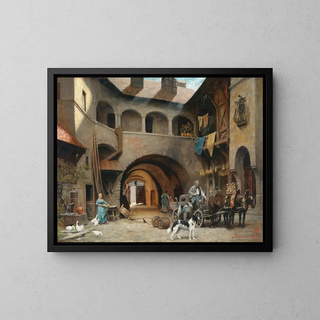 Interior courtyard painting in Friesach with a transport vehicle - Alois Schönn — framed artwork on a wall