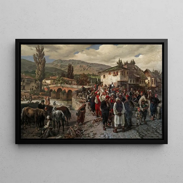 "Au pont latin à Sarajevo, scène de marché en Herzégovine" by Alois Schönn — framed artwork on a wall