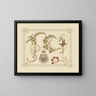 an abstract design based on flowers and leaves - Alphonse Mucha — framed artwork on a wall