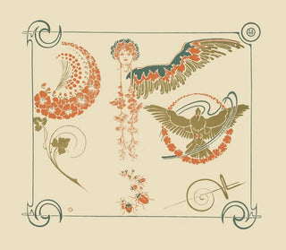 Abstract design painting based on flowers, angels, birds, and scarabs - Alphonse Mucha — artwork view
