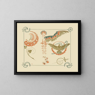 Abstract design painting based on flowers, angels, birds, and scarabs - Alphonse Mucha — framed artwork on a wall