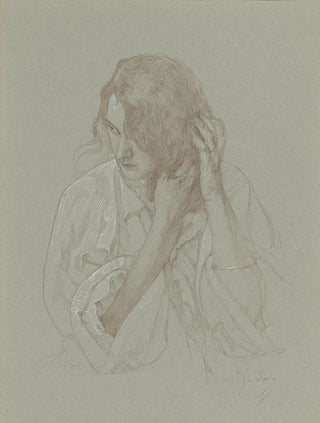 Portrait painting of a girl with hands in her hair - Alphonse Mucha — artwork view