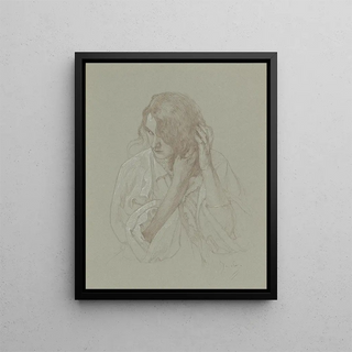 Portrait painting of a girl with hands in her hair - Alphonse Mucha — framed artwork on a wall