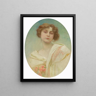 Portrait of a Young Woman in Folk Costume - Alphonse Mucha — framed artwork on a wall