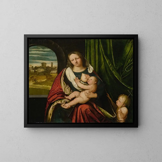 the Virgin and Child with the young Saint John the Baptist - Altobello Melone — framed artwork on a wall