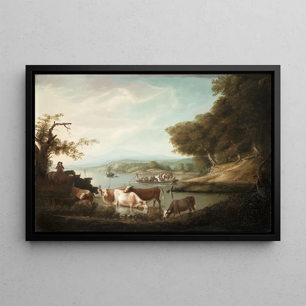 A peaceful resting place, vast and limitless scene with livestock - Alvan Fisher — framed artwork on a wall