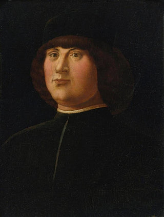 Portrait of a gentleman wearing a black cap and an elaborate zazzera - Alvise Vivarini — artwork view