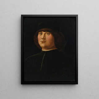 Portrait of a gentleman wearing a black cap and an elaborate zazzera - Alvise Vivarini — framed artwork on a wall