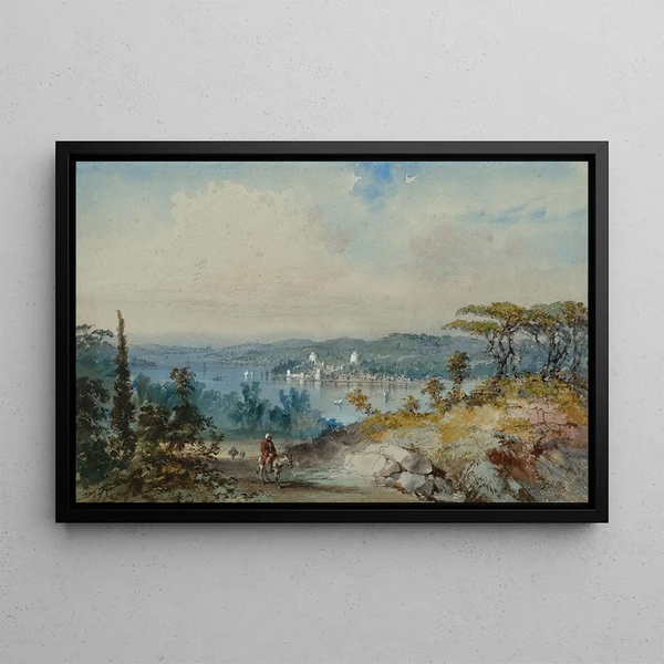 Vue sur le Bosphore montrant la Forteresse de Rumeli Hissar Rumelihisar Constantinople - Amadeo Preziosi — framed artwork on a wall