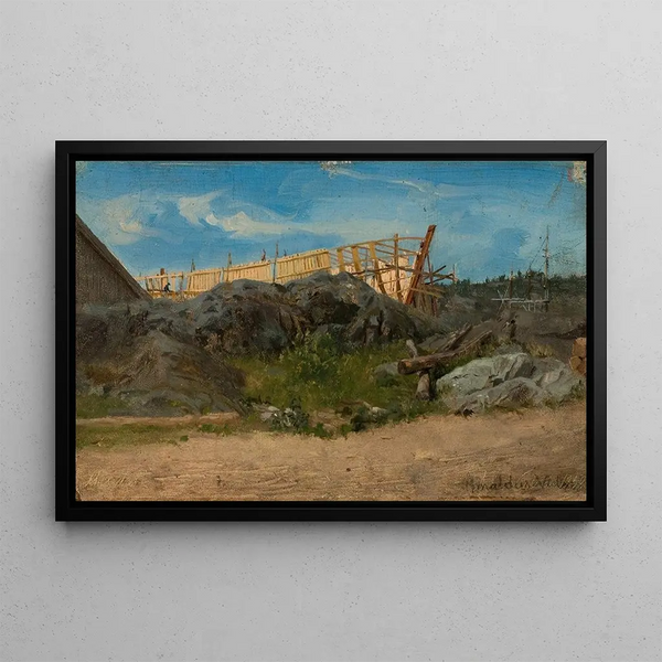 Naval construction painting in Lillesand - Amaldus Nielsen — framed artwork on a wall