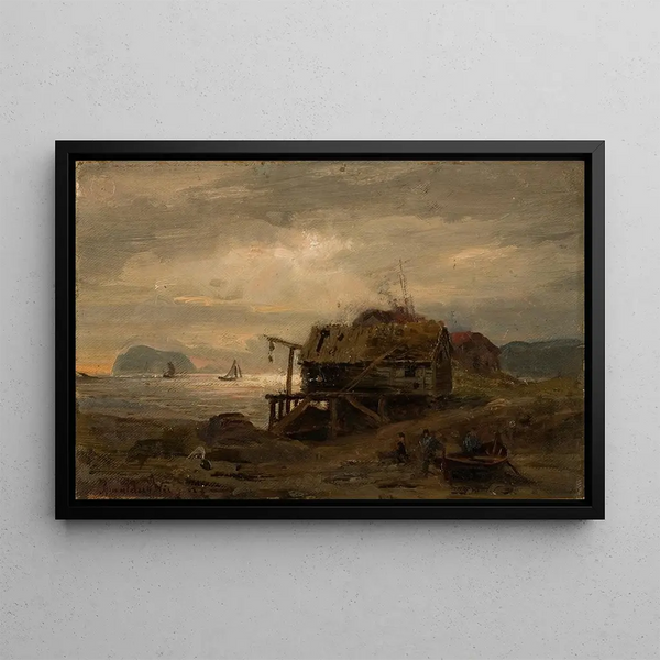 Fishermen's Cottages at Kinn - Amaldus Nielsen — framed artwork on a wall