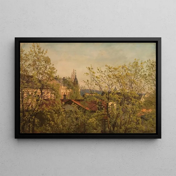 From the workshop window in May, Majorstuveien 8 - Amaldus Nielsen — framed artwork on a wall