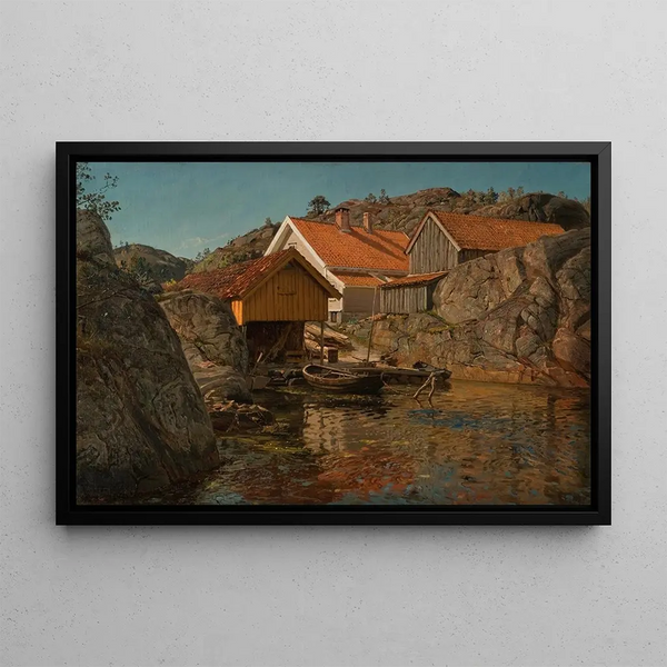 Between the Cliffs at Ny-Hellesund - Amaldus Nielsen — framed artwork on a wall