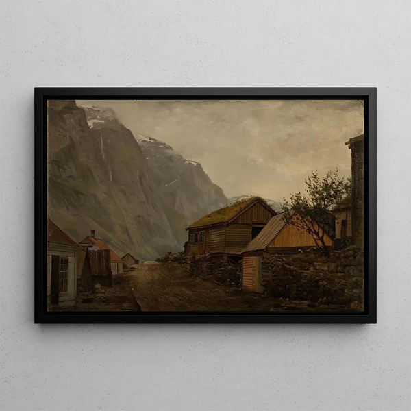 Rainy atmosphere at Gudvangen - Amaldus Nielsen — framed artwork on a wall