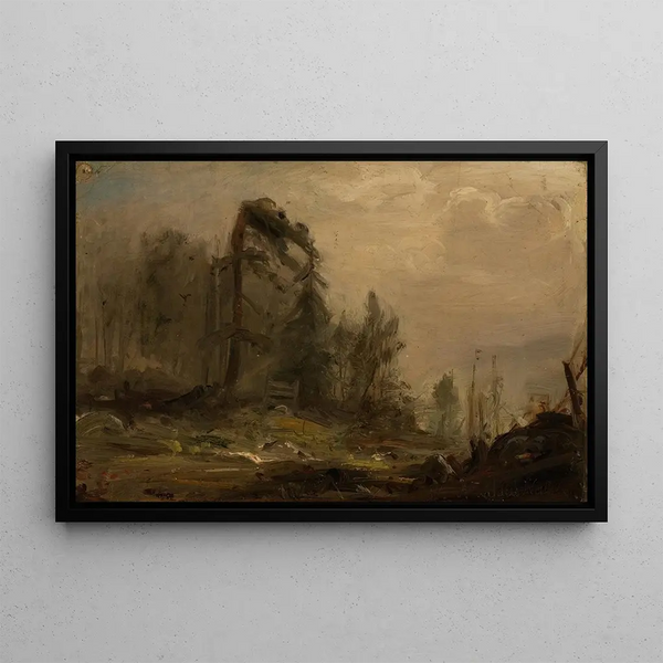 Landscape forest painting in the fog - Amaldus Nielsen — framed artwork on a wall