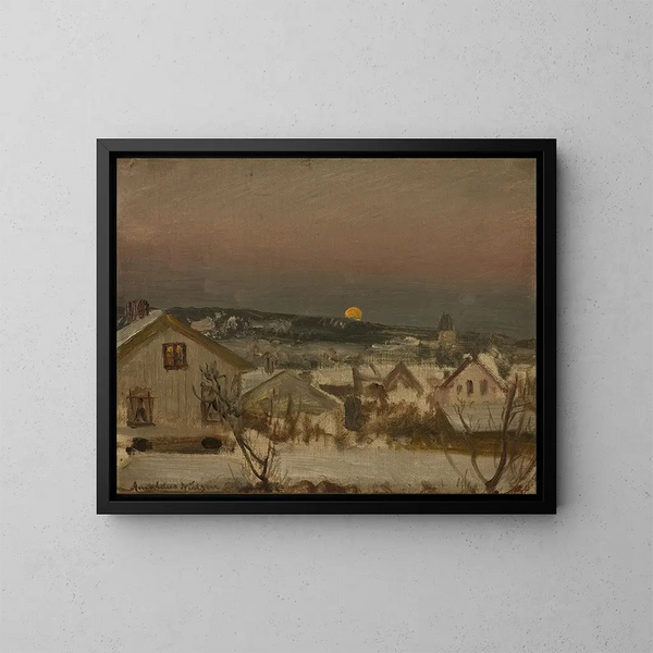 Winter evening seen from the workshop window - Amaldus Nielsen — framed artwork on a wall