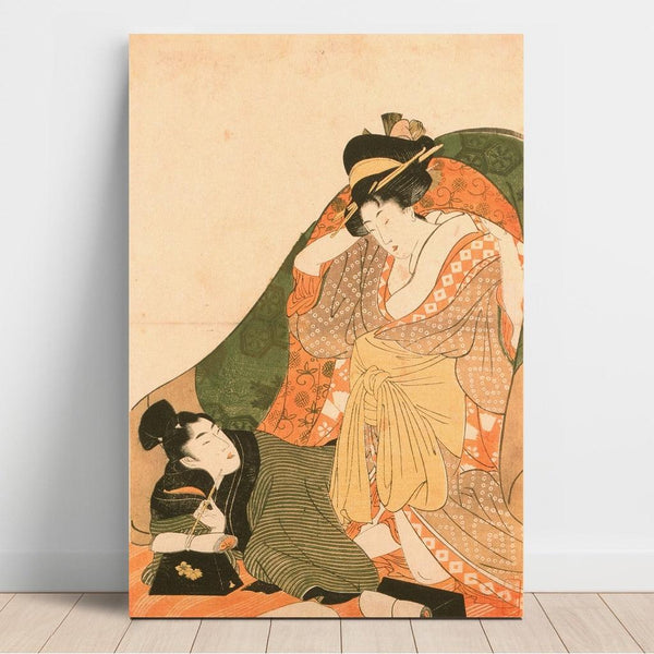 Reproduction of the painting Lovers under a futon; opening image of an erotic set - Kitagawa Utamaro