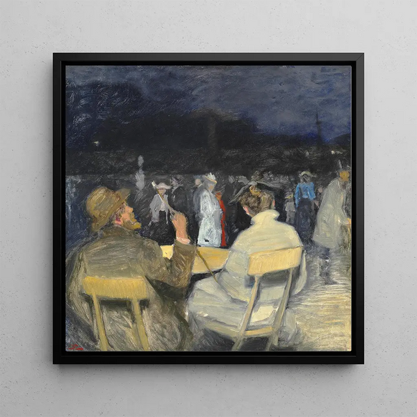 Evening ambiance in a park in Paris, in the foreground a couple observes the crowd in front of them - Christian Clausen — wall display of the artwork
