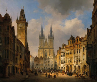 Prague painting, the old market with the Church of Our Lady before Týn in the distance - Ambros Ivo Vermeersch — artwork view