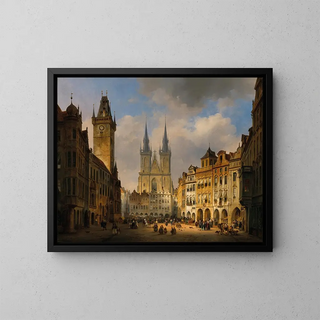 Prague painting, the old market with the Church of Our Lady before Týn in the distance - Ambros Ivo Vermeersch — framed artwork on a wall