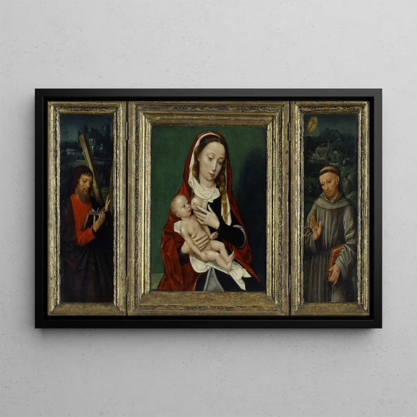 The Virgin and Child central panel Saints Andrew and Francis interior side Triptych - Ambrosius Benson — framed artwork on a wall