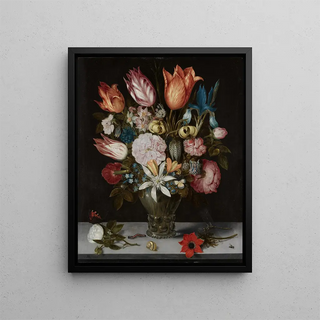 Flowers in a Glass - Ambrosius Bosschaert the Elder — framed artwork on a wall