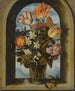 Tulip, moss, rose, lily of the valley, and other flower still life painting in a glass goblet placed in a rounded stone window opening - Ambrosius Bosschaert the Elder — artwork view
