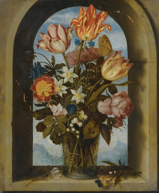 Tulip, moss, rose, lily of the valley, and other flower still life painting in a glass goblet placed in a rounded stone window opening - Ambrosius Bosschaert the Elder — artwork view