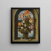 Tulip, moss, rose, lily of the valley, and other flower still life painting in a glass goblet placed in a rounded stone window opening - Ambrosius Bosschaert the Elder — framed artwork on a wall