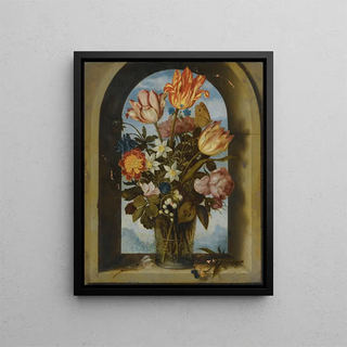 Tulip, moss, rose, lily of the valley, and other flower still life painting in a glass goblet placed in a rounded stone window opening - Ambrosius Bosschaert the Elder — framed artwork on a wall