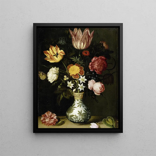 Still life with flowers in a Wanli vase - Ambrosius Bosschaert the Elder — framed artwork on a wall