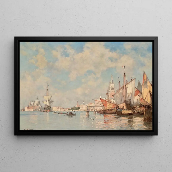 Bateaux devant la place Saint-Marc, Sainte-Marie de la Santé au-delà - Amédée Rosier — framed artwork on a wall