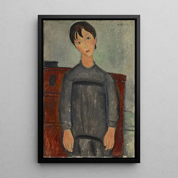 a Girl Standing in a Black Apron - Amedeo Modigliani — framed artwork on a wall
