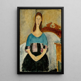 Portrait of Jeanne Hébuterne Sitting - Amedeo Modigliani — framed artwork on a wall