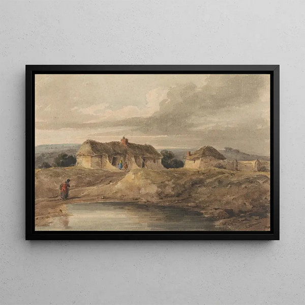 Landscape with thatched roof buildings - Amelia Long — framed artwork on a wall