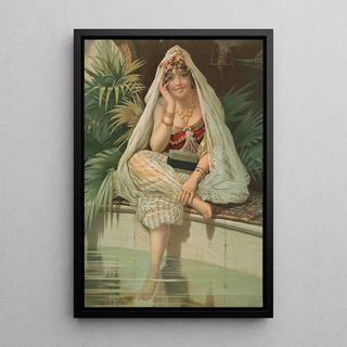 a seated woman with her foot in the water next to a soap - American Lithograph Co — framed artwork on a wall