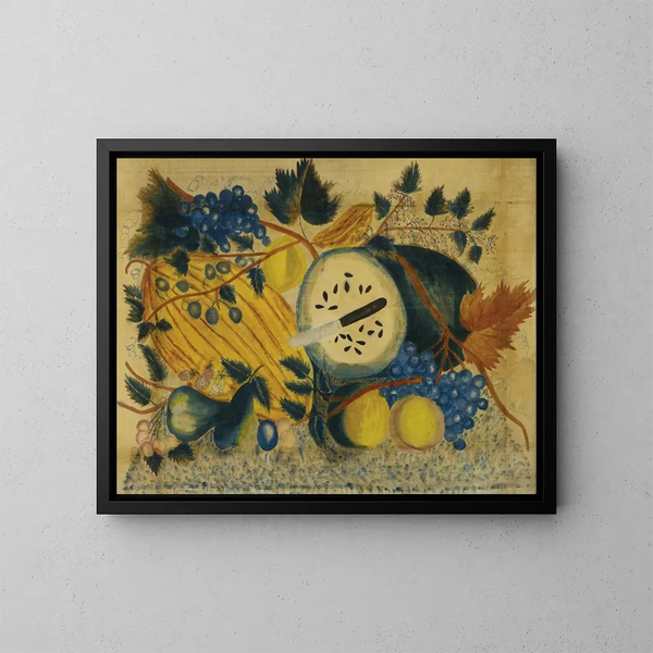 Green Watermelon and Yellow Melon Painting with Fruits and Leafy Vines - American School — framed artwork on a wall