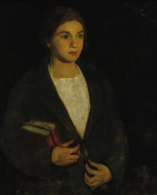 Portrait of a young girl with books - American School — artwork view