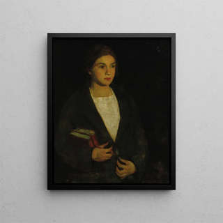 Portrait of a young girl with books - American School — framed artwork on a wall